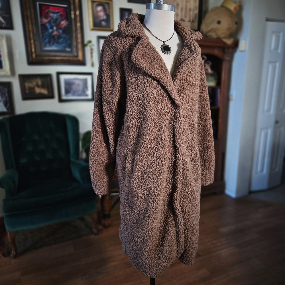 Stoosh Sherpa Teddy Jacket Coat Brown Womens Medium Long Fuzzy Winter Overcoat - Picture 2 of 7